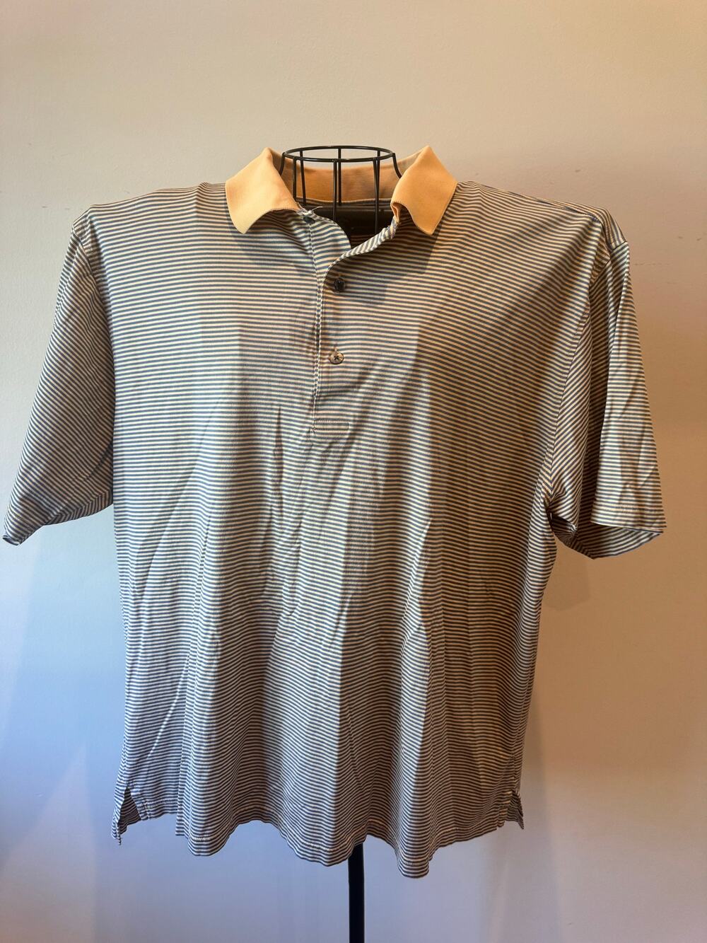 Cotton Traders Men's XL Blue White Striped Mercerized Cotton Golf Polo Shirt